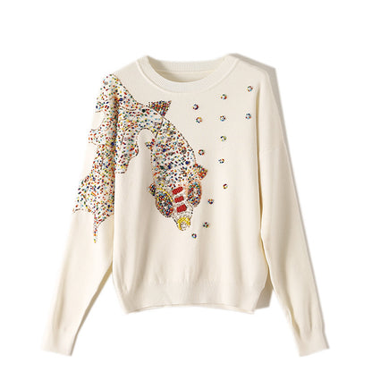 Autumn Female Brand Designer Fashionable High Street New Pullovers Round Neck Cable Knit Goldfish Bead Sweater