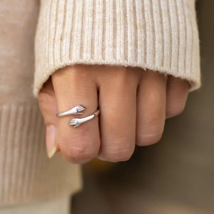 Adjustable S925 Sterling Silver Embracing Hands Ring for Women