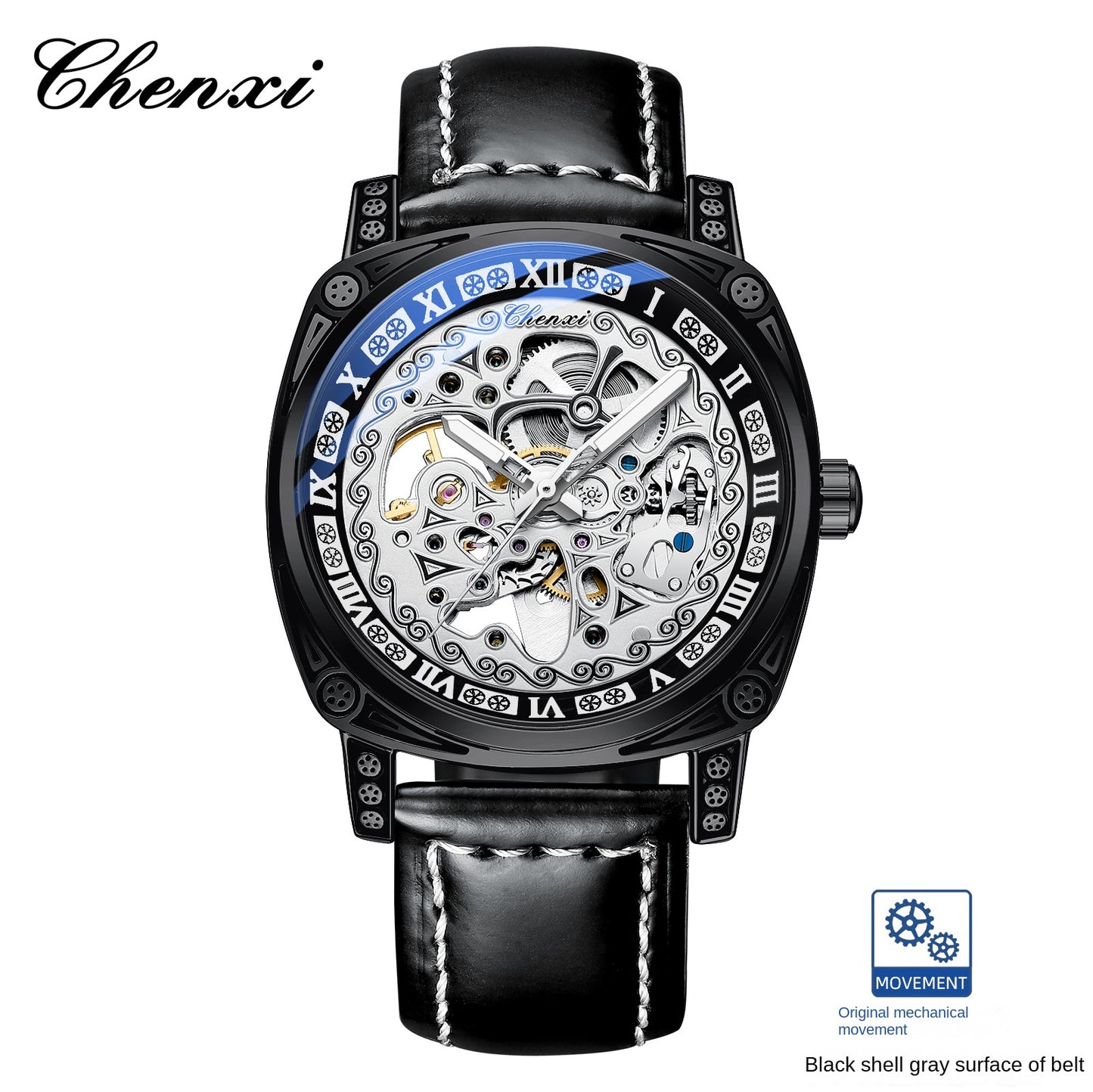 Vintage Engraved Mechanical Watch Men's Leather Waterproof Hollow-Out Fashion Style Men's Watch
