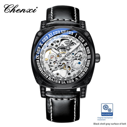 Vintage Engraved Mechanical Watch Men's Leather Waterproof Hollow-Out Fashion Style Men's Watch