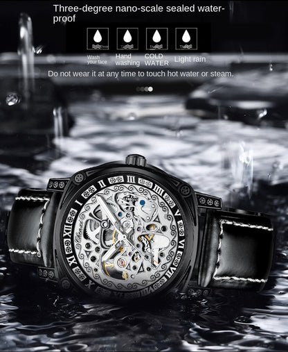 Vintage Engraved Mechanical Watch Men's Leather Waterproof Hollow-Out Fashion Style Men's Watch
