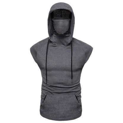Mens Mask Button Sports Vest Hooded Splice Large Open-Forked Male Vest