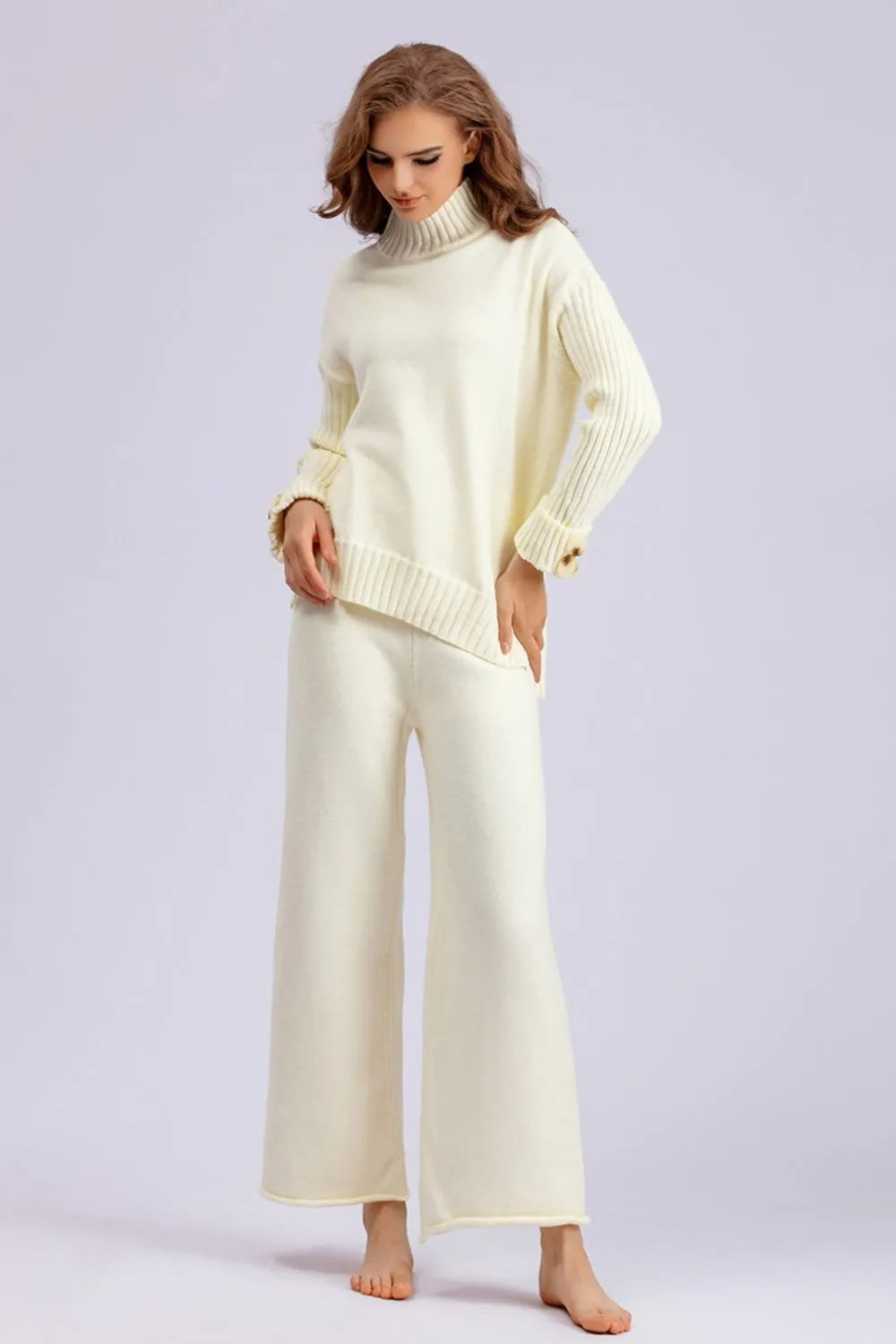 High- Low Turtleneck Long Sleeve Top and Pants Sweater Set