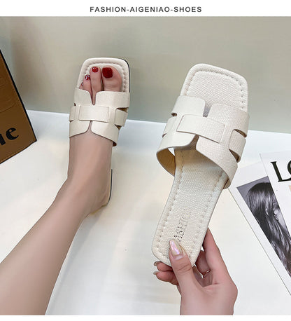 Square head H-shaped sandals for women's outerwear, summer new soft sole, casual and versatile fashion