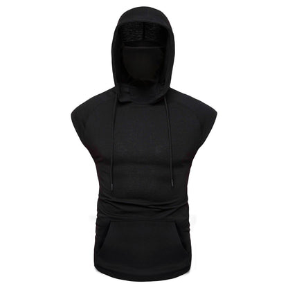 Mens Mask Button Sports Vest Hooded Splice Large Open-Forked Male Vest