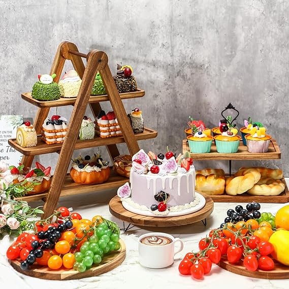 Wooden Dessert Table Ornaments Display Shelf Cold Meal Tea Break Table Tableware High Foot Cake Fruit Plate Solid Wood Tray