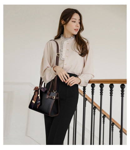 Commuting style women's bag genuine leather embossed snakeskin pattern contrasting color briefcase for women