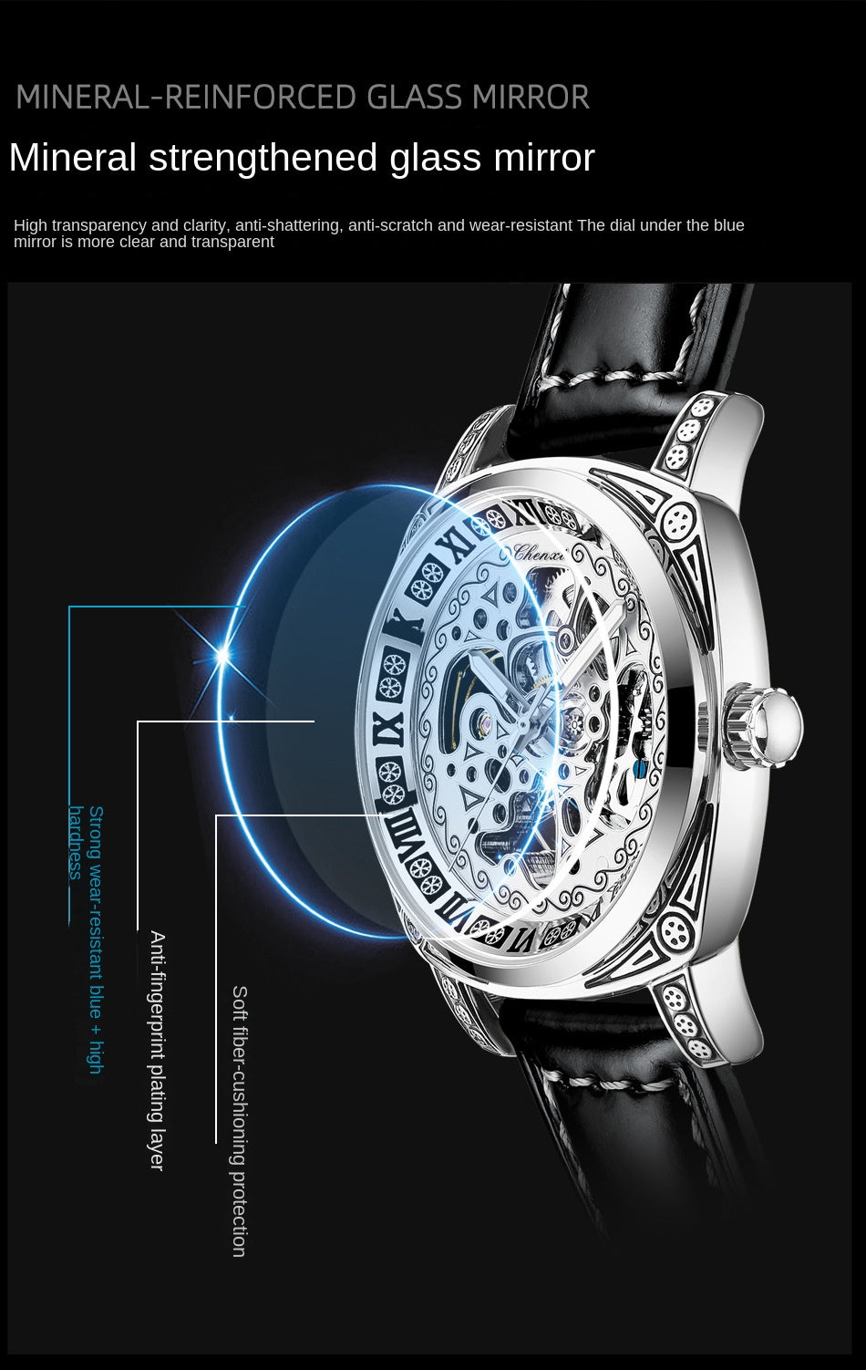 Vintage Engraved Mechanical Watch Men's Leather Waterproof Hollow-Out Fashion Style Men's Watch