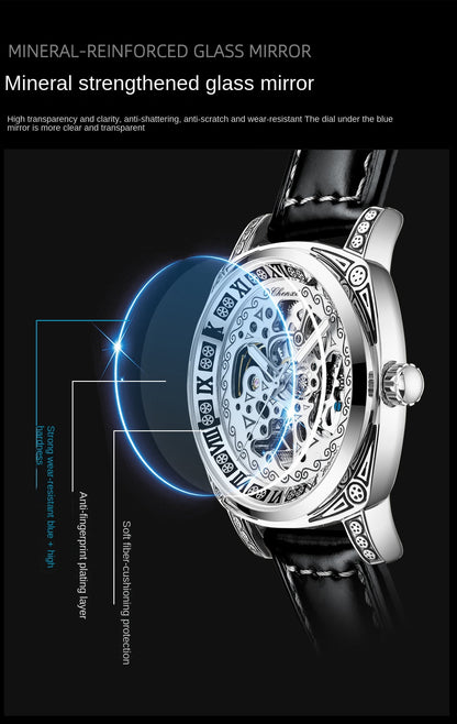 Vintage Engraved Mechanical Watch Men's Leather Waterproof Hollow-Out Fashion Style Men's Watch