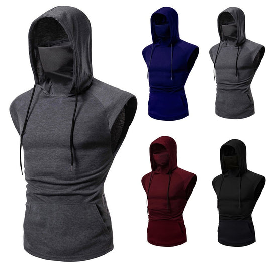 Mens Mask Button Sports Vest Hooded Splice Large Open-Forked Male Vest