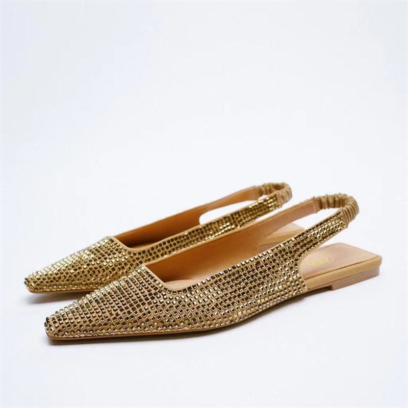 New Woman Gold Bling Flat Shoes Vintage Black Back Elastic Straps Single Shoes Fashion Slingbacks Female Single Shoes