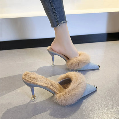 Women High Heel Shoes  Fur Slippers Mules Pointed Toe Furry Slides Fashion Elegant Luxury Designer Flip Flops Office Pumps
