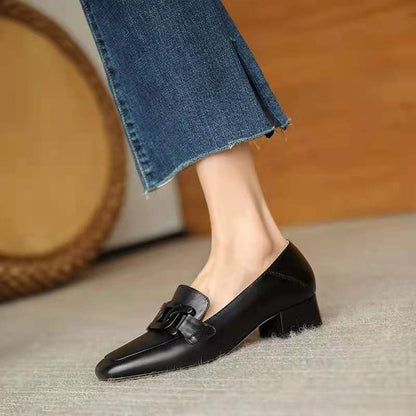 Casual loafers women's slip-on British style metal buckle square head small leather shoes mid-heel