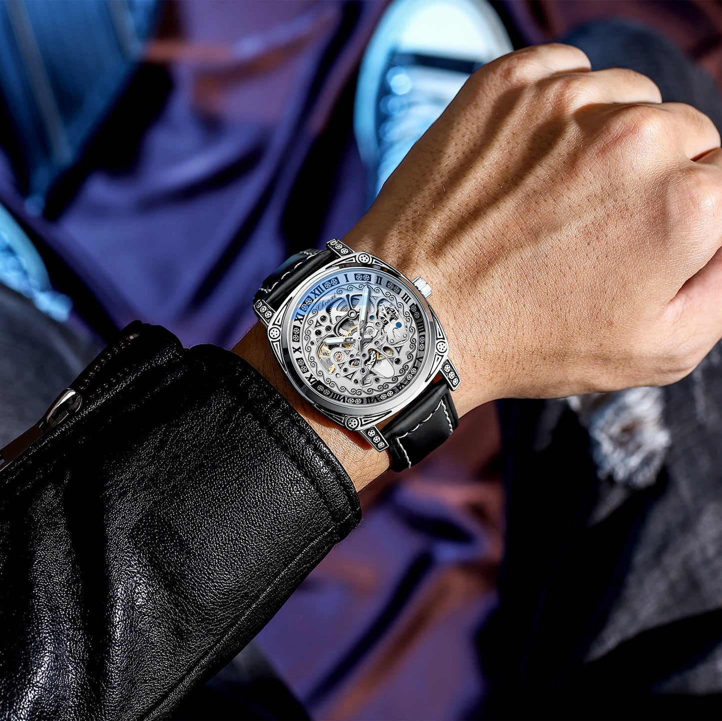 Vintage Engraved Mechanical Watch Men's Leather Waterproof Hollow-Out Fashion Style Men's Watch