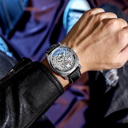 Vintage Engraved Mechanical Watch Men's Leather Waterproof Hollow-Out Fashion Style Men's Watch