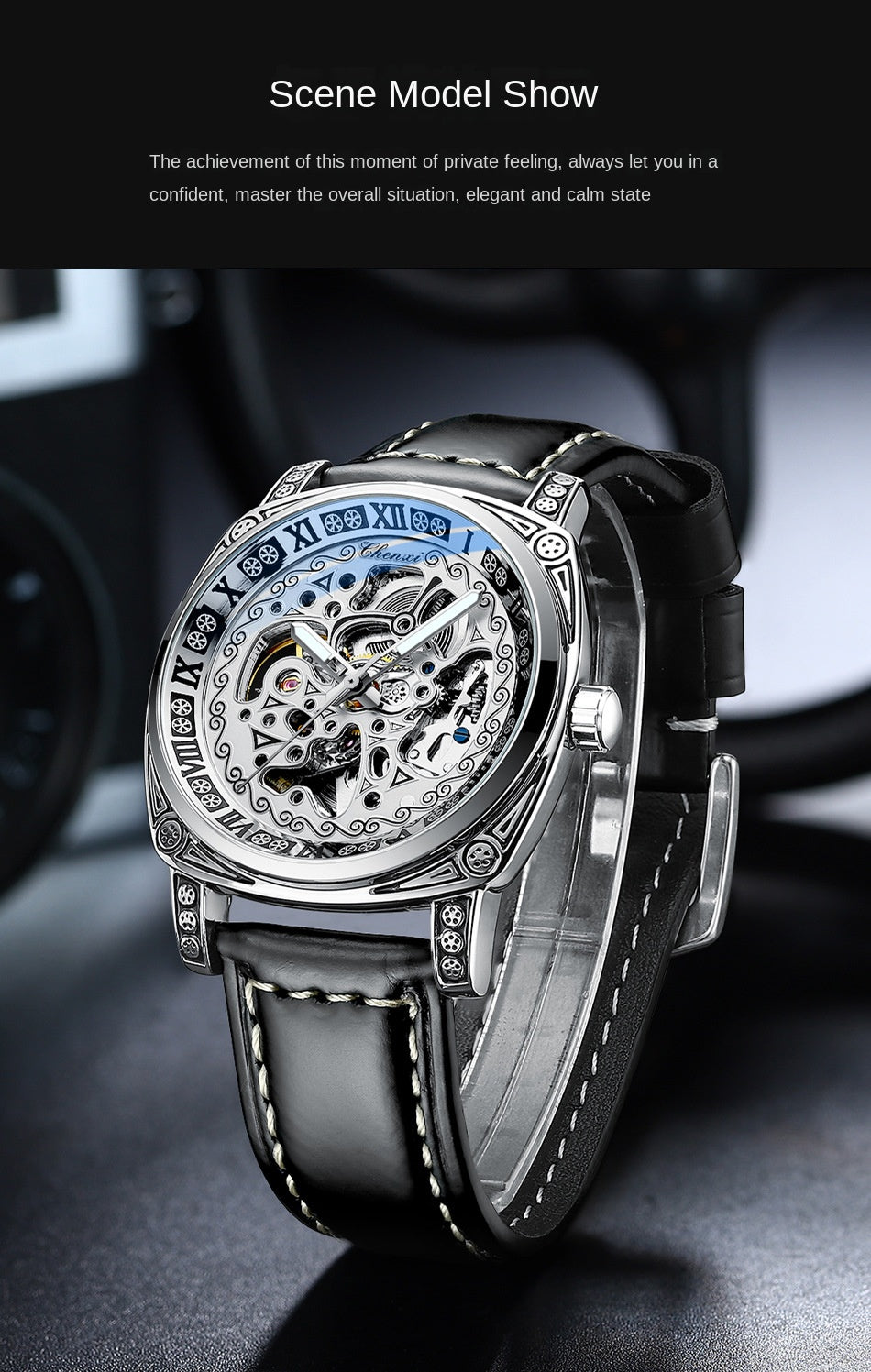 Vintage Engraved Mechanical Watch Men's Leather Waterproof Hollow-Out Fashion Style Men's Watch