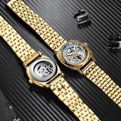 Vintage Engraved Mechanical Watch Men's Leather Waterproof Hollow-Out Fashion Style Men's Watch