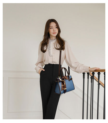 Commuting style women's bag genuine leather embossed snakeskin pattern contrasting color briefcase for women
