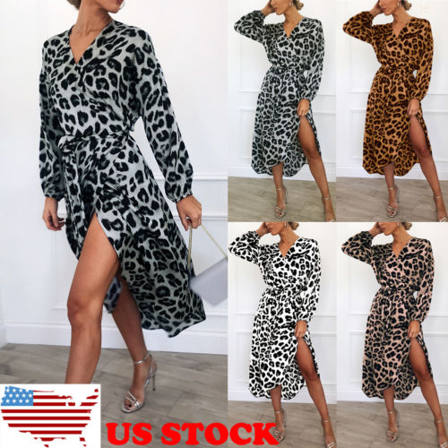 Women Wrap Leopard Printed Boho Long Maxi Dress Casual Bandage Bodycon Long Sleeve V Neck Loose Club Wear Dresses