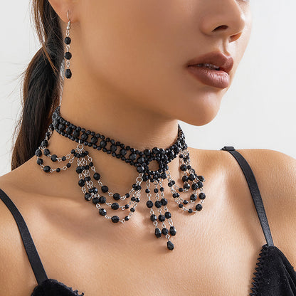 Gothic style beaded woven crystal choker set, female personality, dark tassel collar accessory