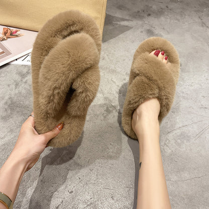 Plus Size New Style Of Autumn And Winter Korean Style All-Match Outer Wear Flat Bottom Fashionable Hairy Women's Slippers