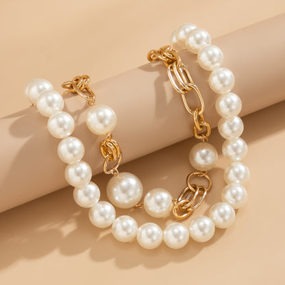 Creative punk style round bead double layered necklace necklaces with exaggerated metal chains