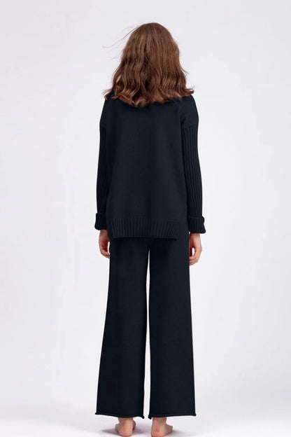 High- Low Turtleneck Long Sleeve Top and Pants Sweater Set
