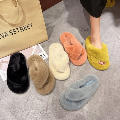 Plus Size New Style Of Autumn And Winter Korean Style All-Match Outer Wear Flat Bottom Fashionable Hairy Women's Slippers