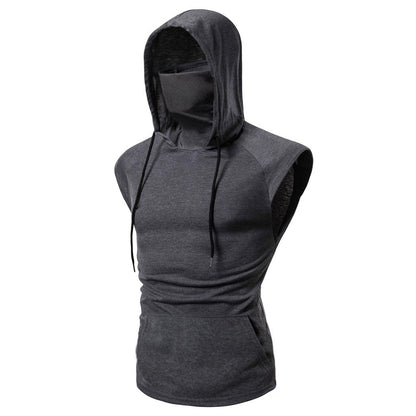 Mens Mask Button Sports Vest Hooded Splice Large Open-Forked Male Vest