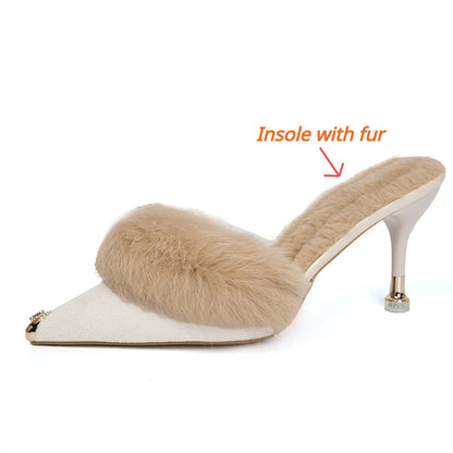 Women High Heel Shoes  Fur Slippers Mules Pointed Toe Furry Slides Fashion Elegant Luxury Designer Flip Flops Office Pumps