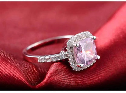 925 Sterling Silver cushion cut zircon Jewelry set Engagement ring stud earring for women gift size 11,12,13 J1099-pink