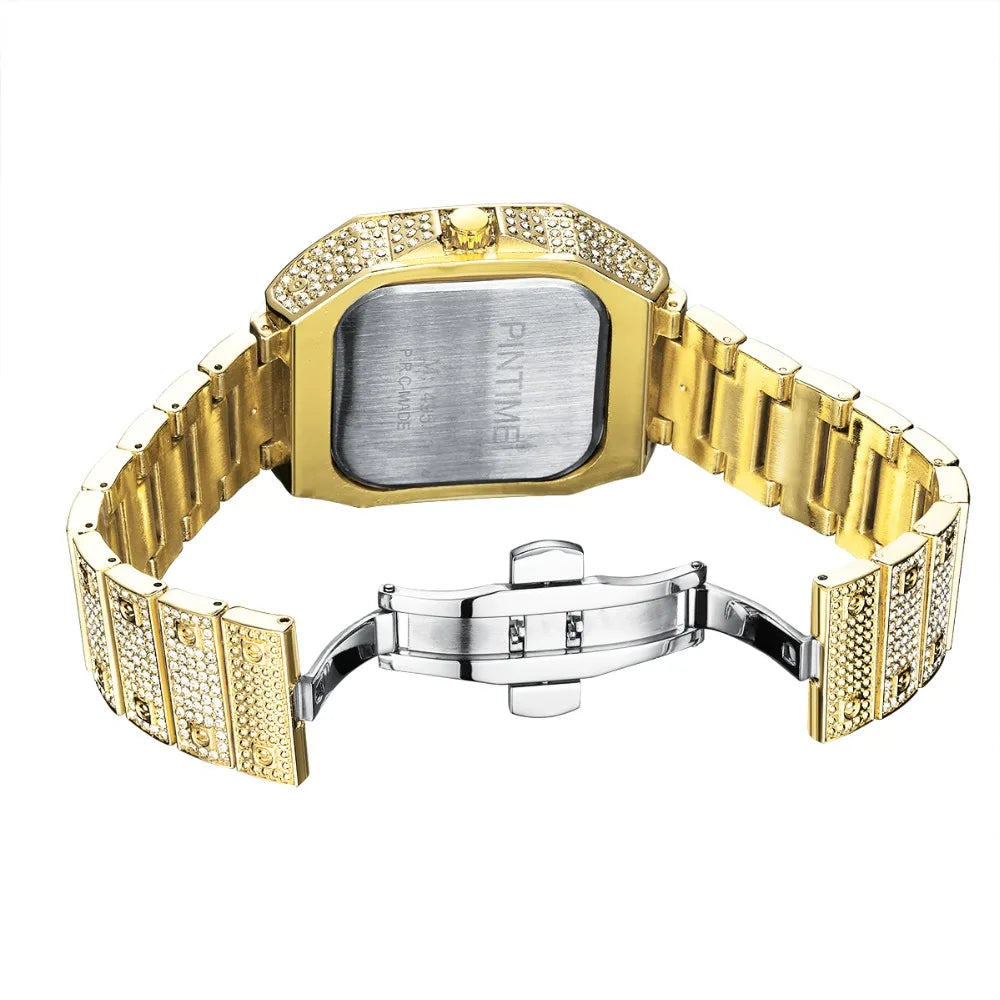 Hip Hop Iced Out Men Watch Square Diamond Quartz Luxury Mens Wrist Watches Gold Roman Calendar Steel Clock Relogio Masculino