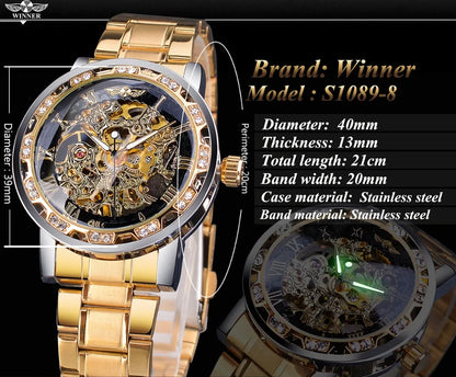 Winner Golden Watches Classic Rhinestone Clock Roman Analog Male Skeleton Clocks Mechanical Stainless Steel Band Luminous Watch