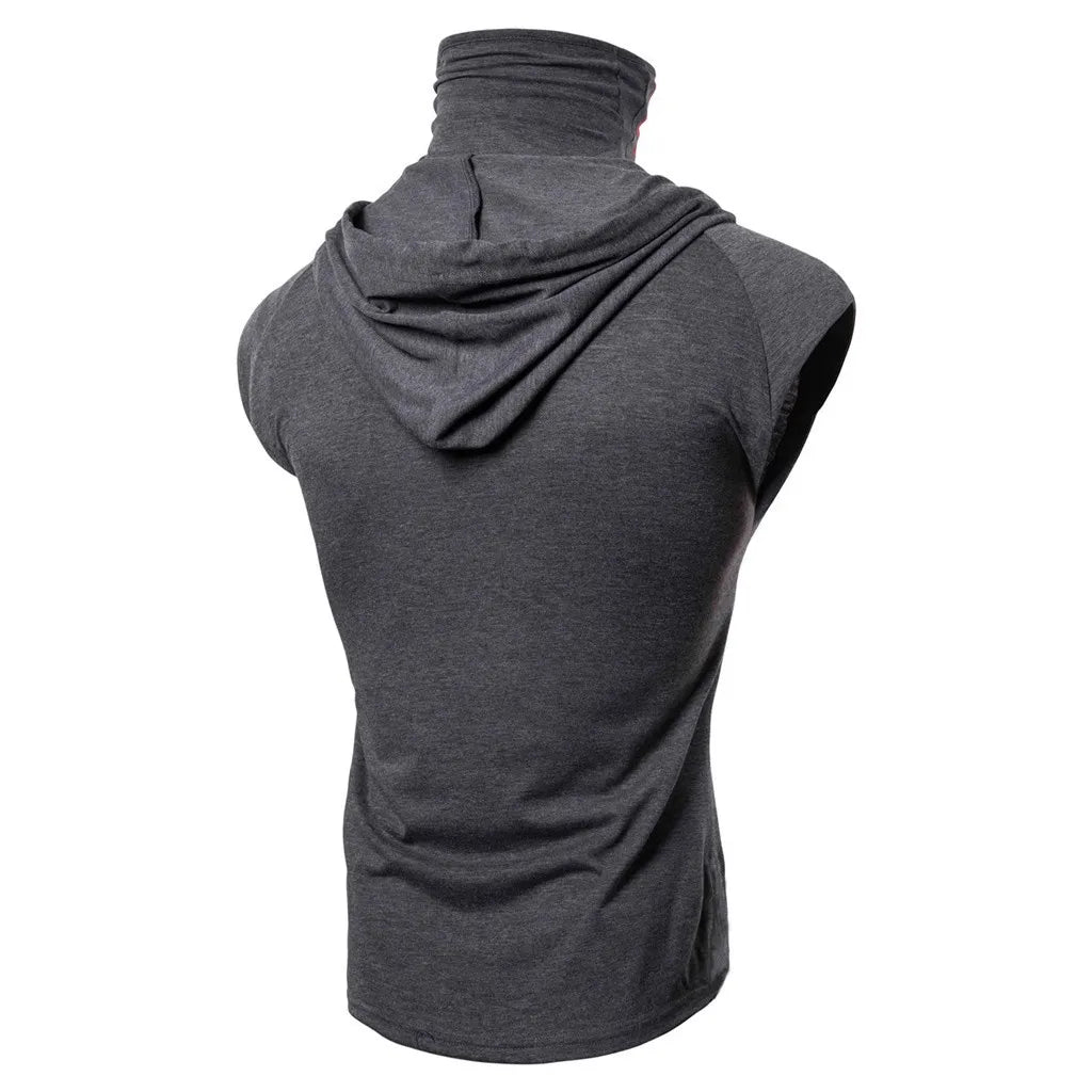 Mens Mask Button Sports Vest Hooded Splice Large Open-Forked Male Vest