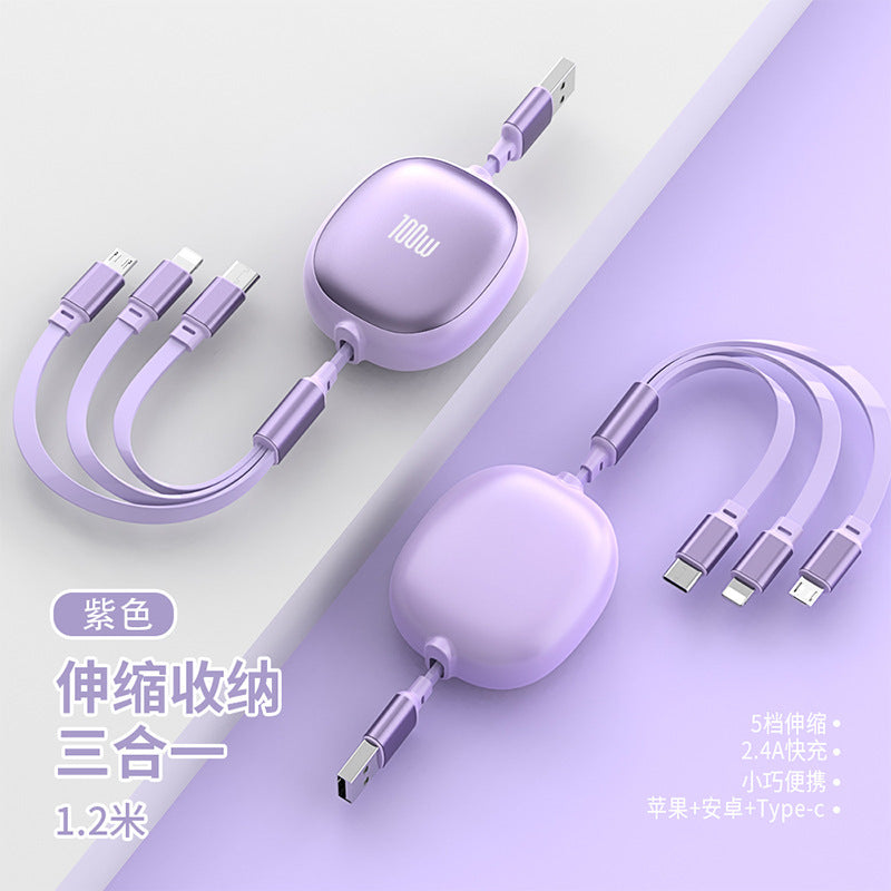 One-to-three Data Cable Fast Charging Car Mobile Phone Charging Cable Telescopic Three-in-one Multi-functional Small Gift Custom Logo