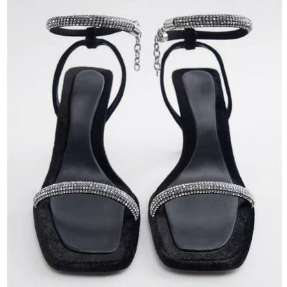 Large Size Foreign Trade Rhinestone High-Heeled Sandals For Women Summer New Cross-Border Square Toe Open Toe Elegant European And American One-Strap Sandals