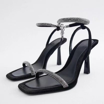 Large Size Foreign Trade Rhinestone High-Heeled Sandals For Women Summer New Cross-Border Square Toe Open Toe Elegant European And American One-Strap Sandals
