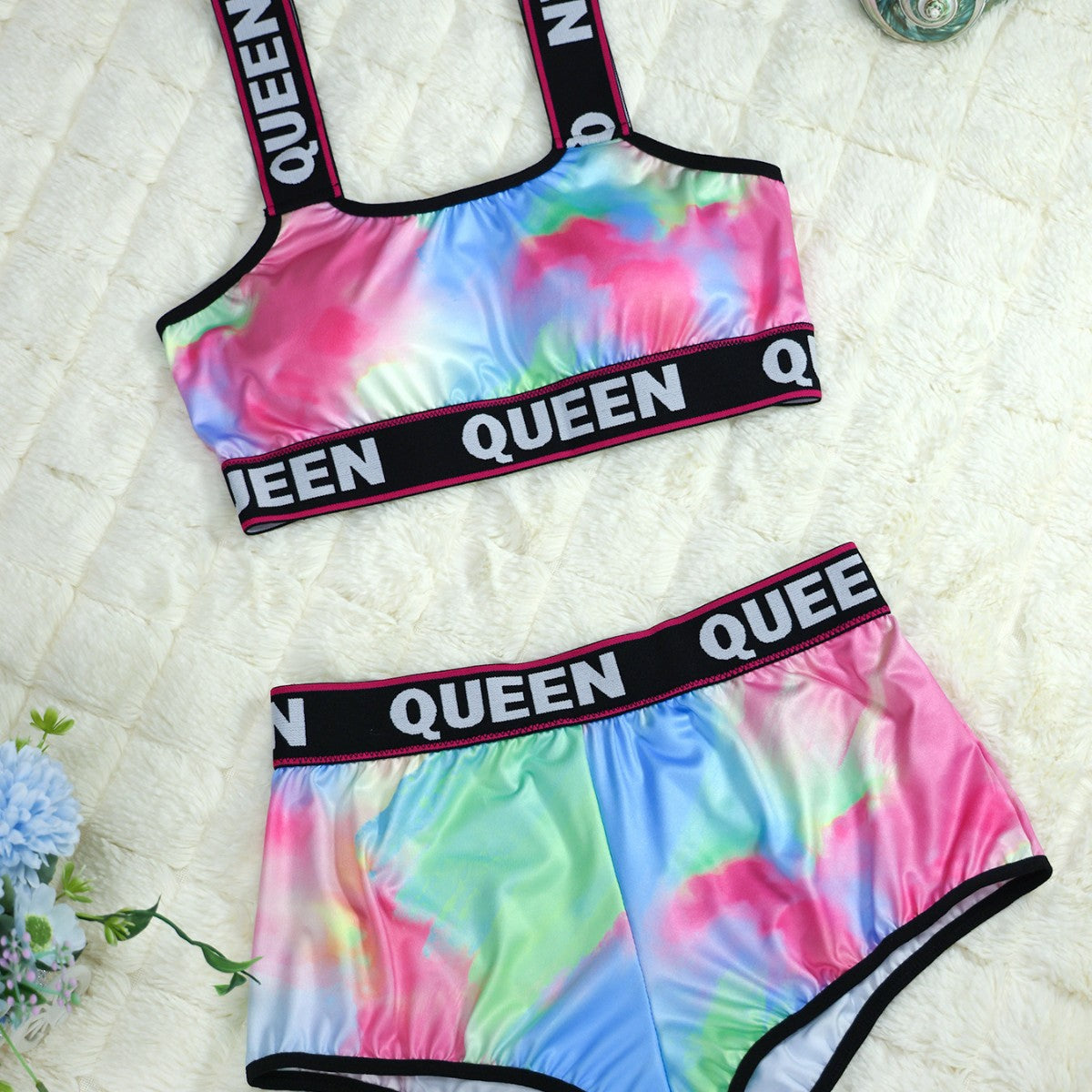 European and American Cross-border plus size Sexy Spice Letter Printed Camisole Shorts Sports Sexy Underwear suit