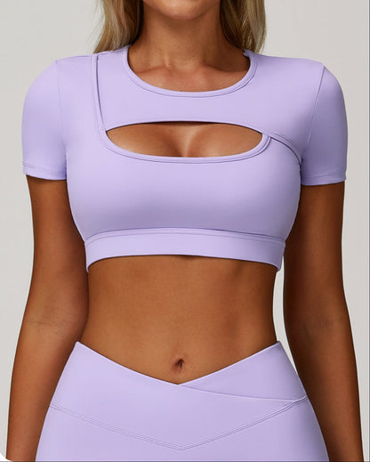 Zechuang Summer Yoga Short-Sleeved Cut Out Tight Shock-Proof Nude Sports T-Shirt Running Fitness Sports Top 4501
