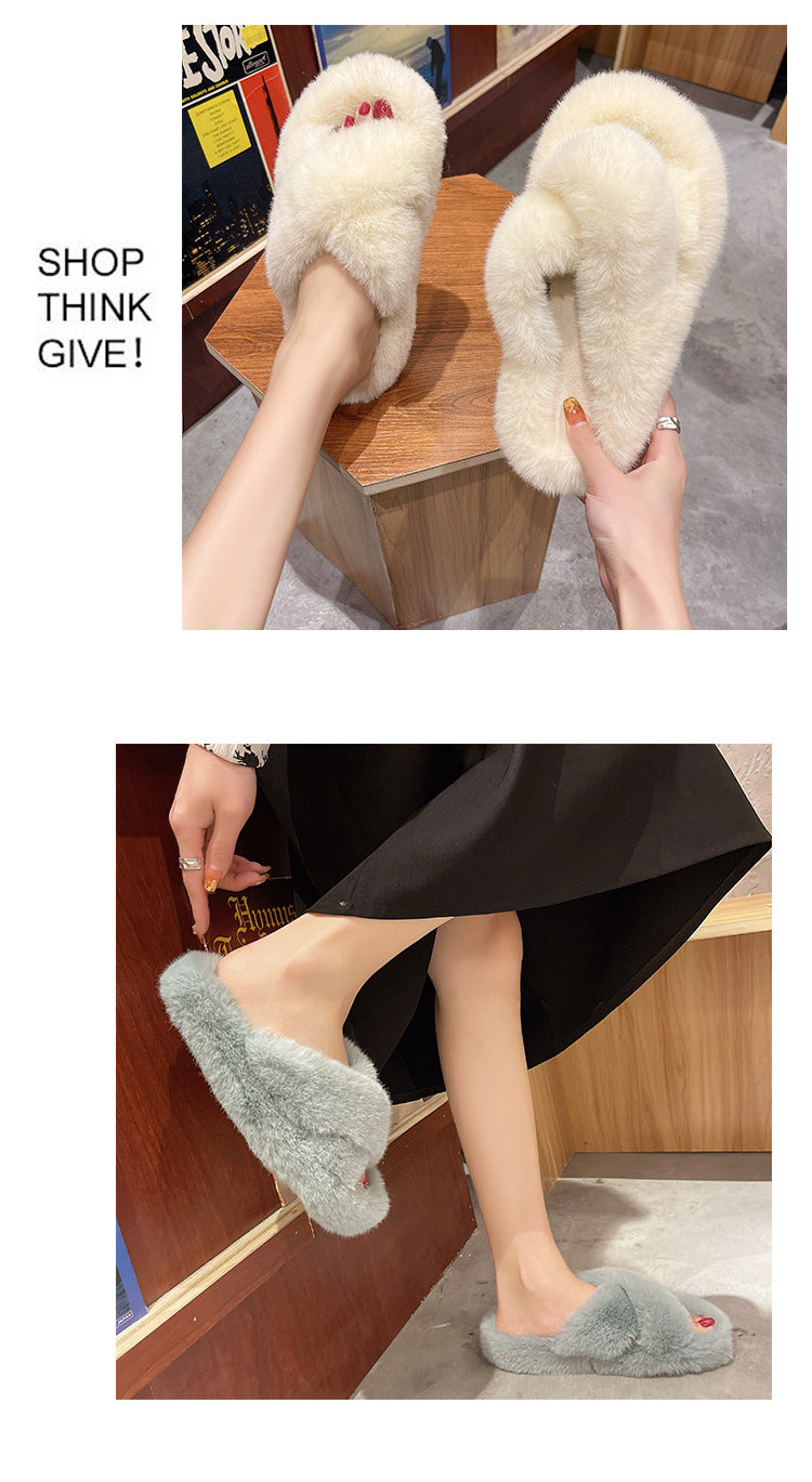 Plus Size New Style Of Autumn And Winter Korean Style All-Match Outer Wear Flat Bottom Fashionable Hairy Women's Slippers