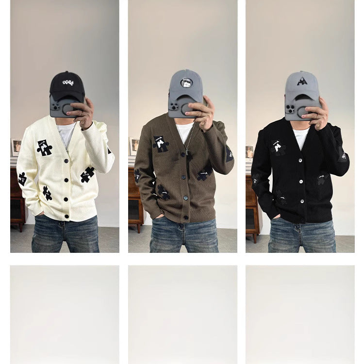 2024 New Spring And Autumn Korean Knitted Cardigan Cartoon Grey Top Cute Design Sense Jacket Sweater For Men And Women