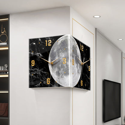 Punch-free Creative Corner Clock Wall Lamp Living Room Moon Lamp Corner Clock Luminous Double-sided Wall Clock Led Art Clock