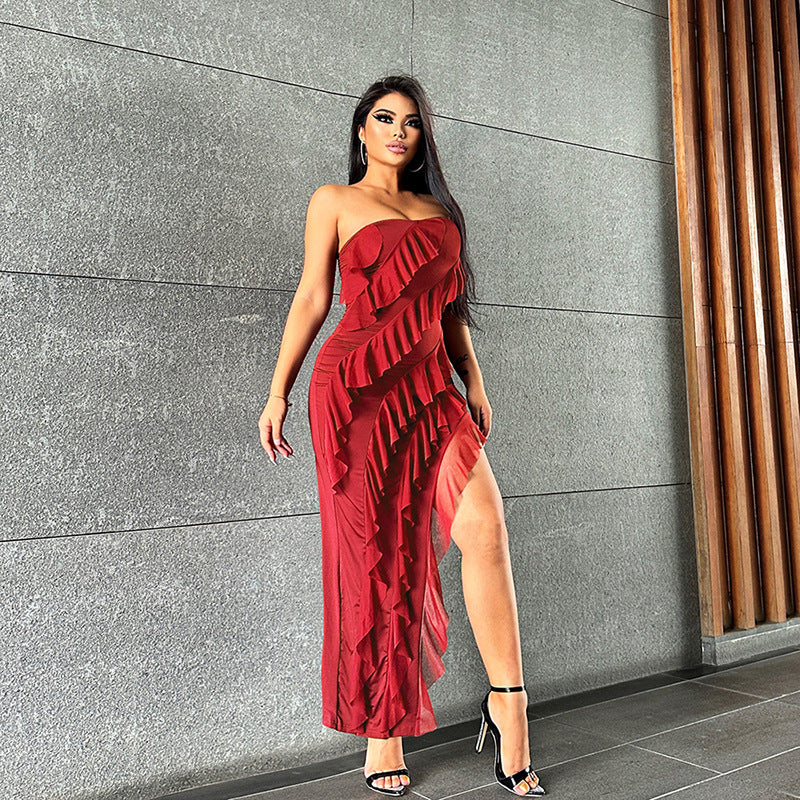 European And American Style 2024 Summer New Fashion Sexy Sleeveless Wrap Chest Lace Tassel High Waist Slim Split Dress