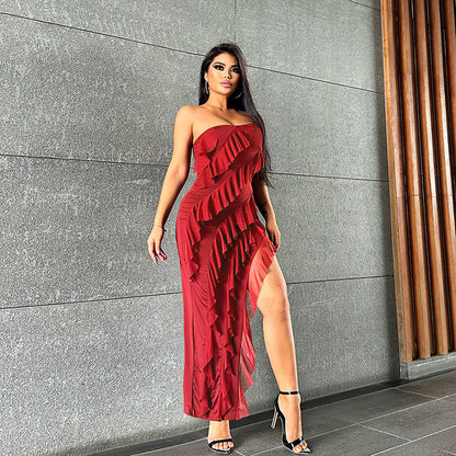 European And American Style 2024 Summer New Fashion Sexy Sleeveless Wrap Chest Lace Tassel High Waist Slim Split Dress