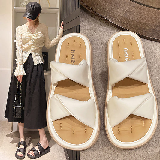 Sofa Slippers Soft Flat Bottom Slides Women's 2024 Summer New Outer Wear Kink Comfortable Sandals