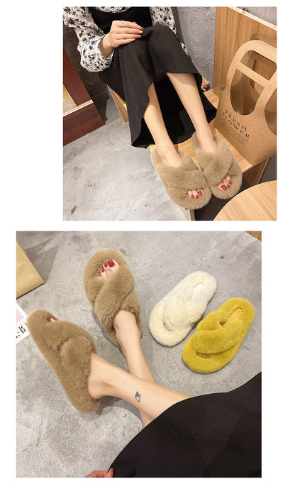 Plus Size New Style Of Autumn And Winter Korean Style All-Match Outer Wear Flat Bottom Fashionable Hairy Women's Slippers