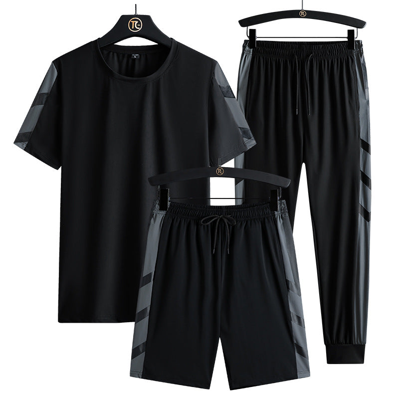 Summer Sports Outdoor Quick-drying Pants Half-length Pants Short-sleeved T-shirt Three-piece Set Ice Silk Suit Long Two-piece Suit