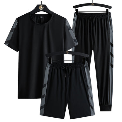 Summer Sports Outdoor Quick-drying Pants Half-length Pants Short-sleeved T-shirt Three-piece Set Ice Silk Suit Long Two-piece Suit