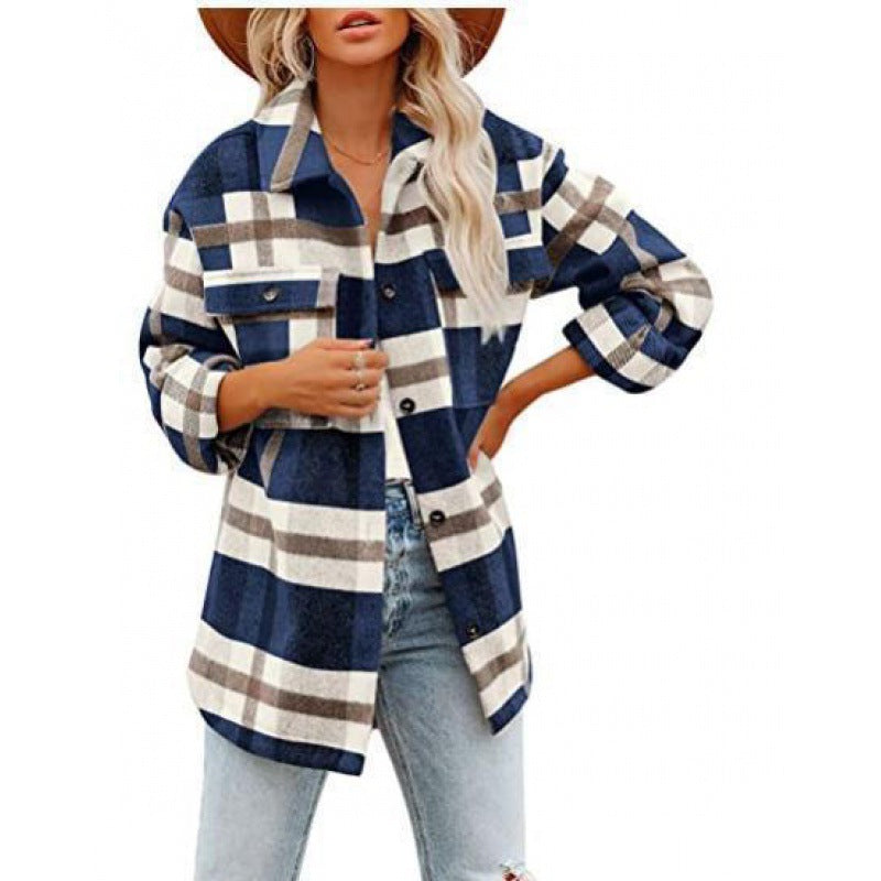 2023 European And American Export New Amazon Hot-Selling Women's Woolen Plaid Shirt Flannel Loose Shirt Jacket