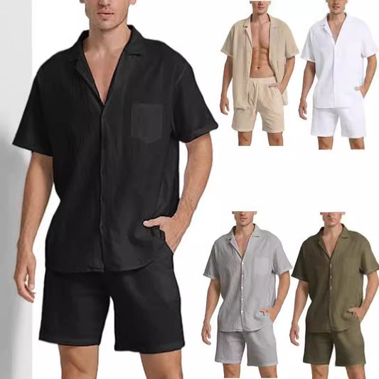 Spot 2023 European And American Cross-border Summer Sports Short-sleeved Shorts Set Linen Loose Casual Men&#039;s Shirt Set